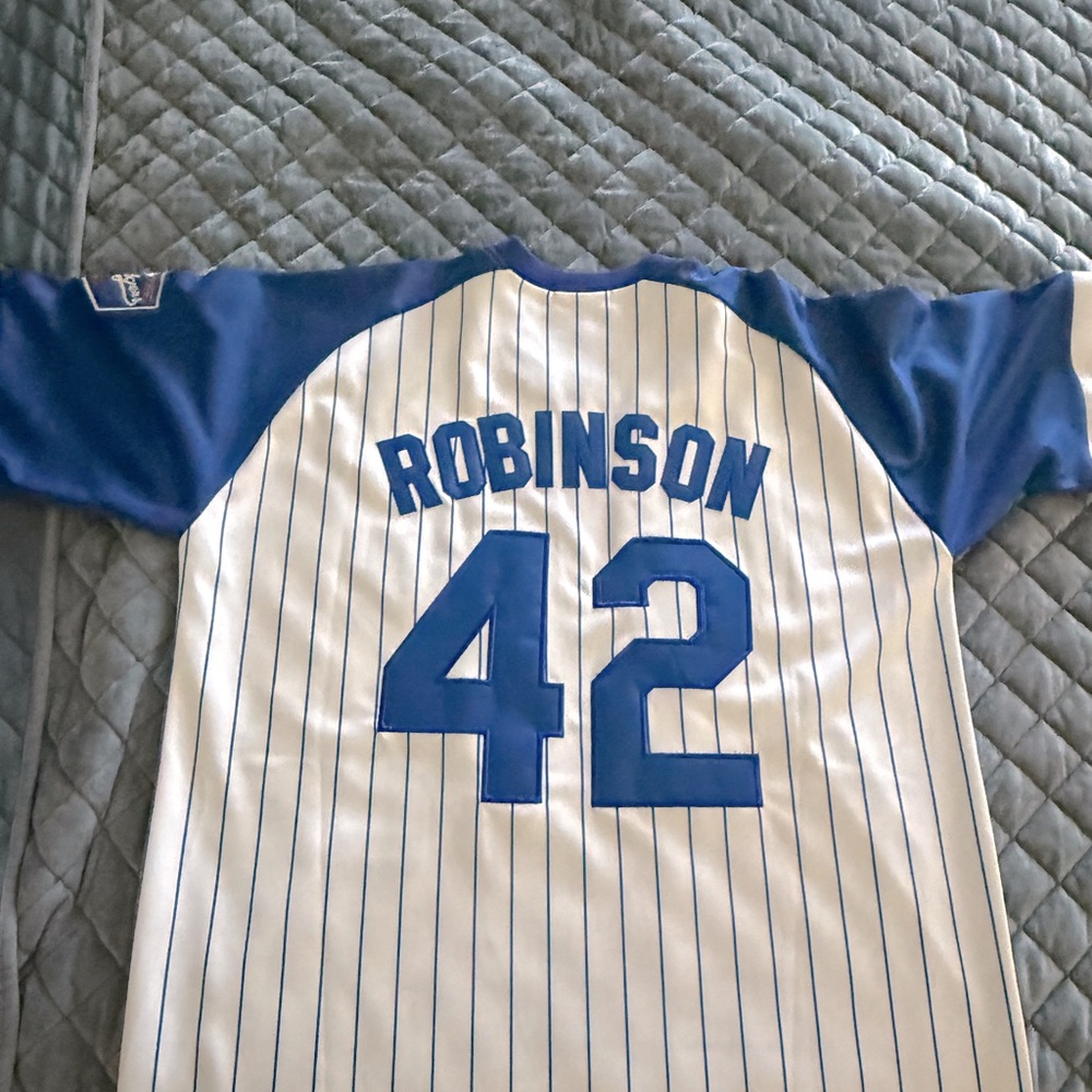 Mitchell & Ness White and Blue Robinson #42 Pinstripe Jersey